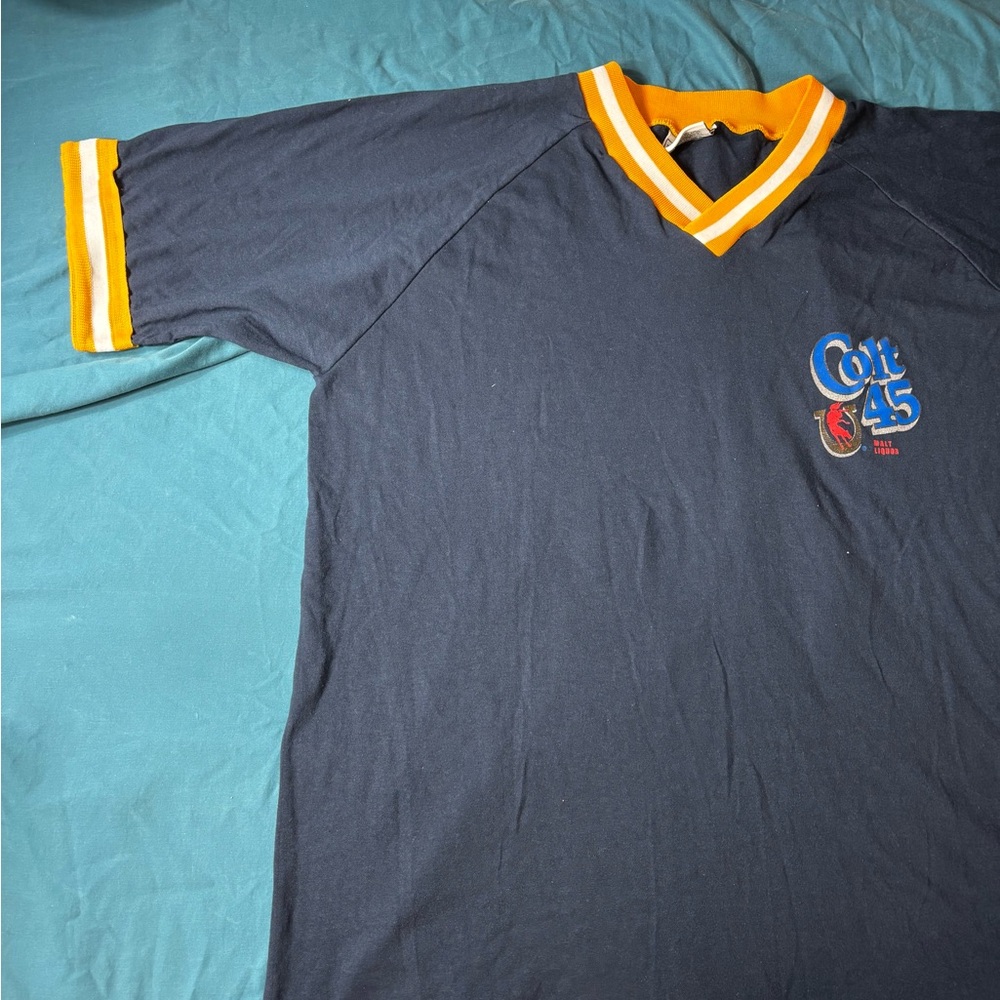 Colt 45 v-neck vintage t-shirt. Navy and gold.